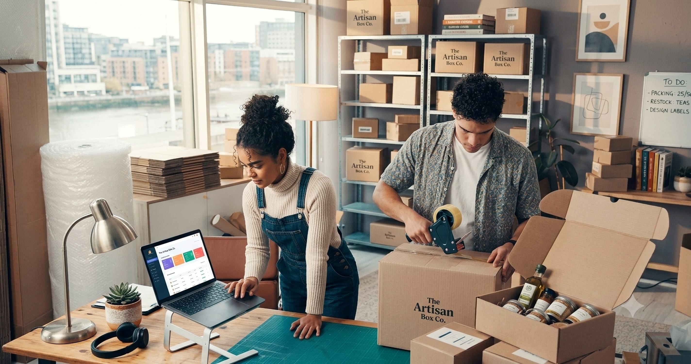 Lifestyle photograph showing customers receiving packages and warehouse operations that communicate trust and logistics service.